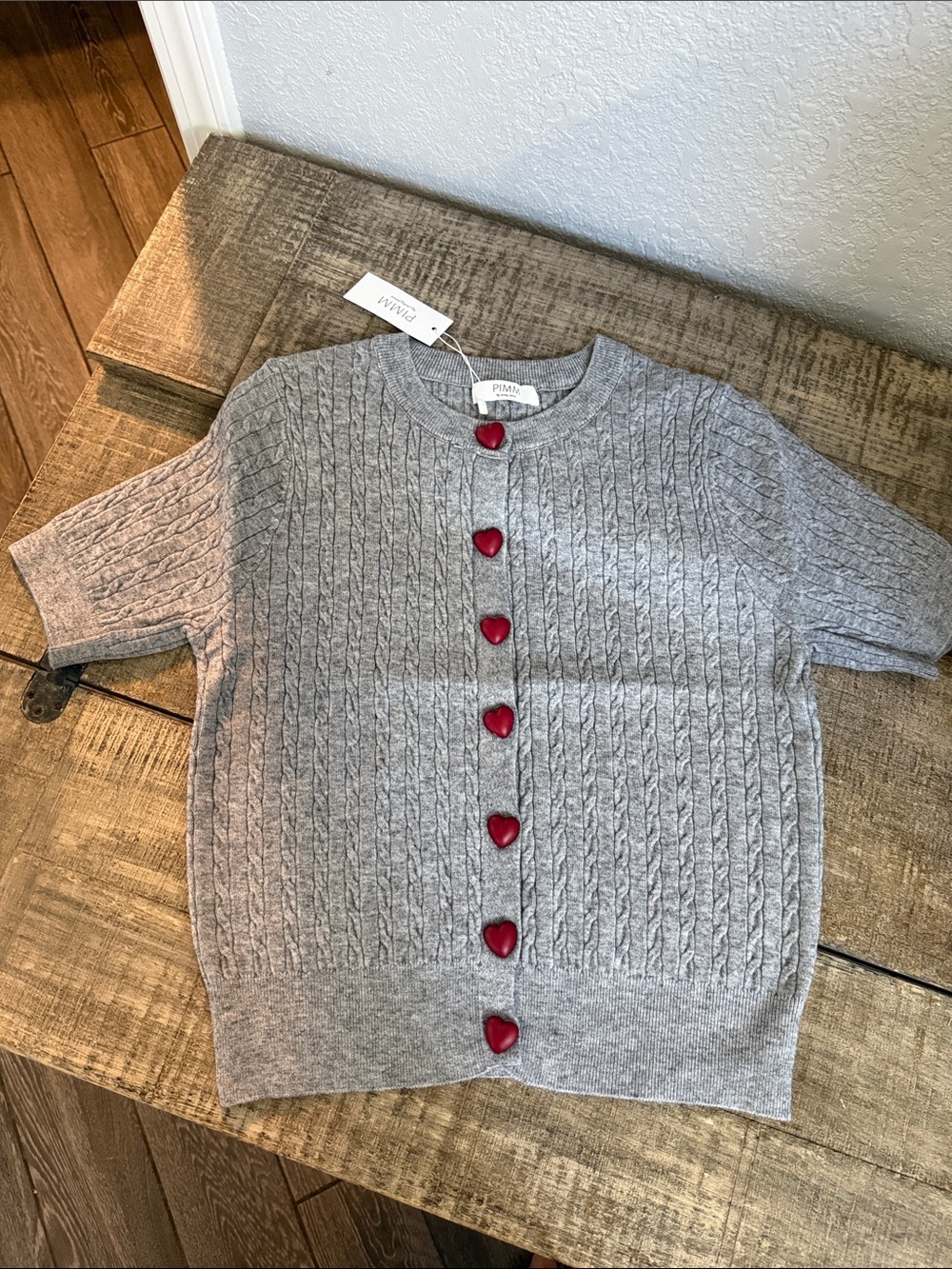 Cable Knit Short-Sleeve Sweater with Red Heart Buttons